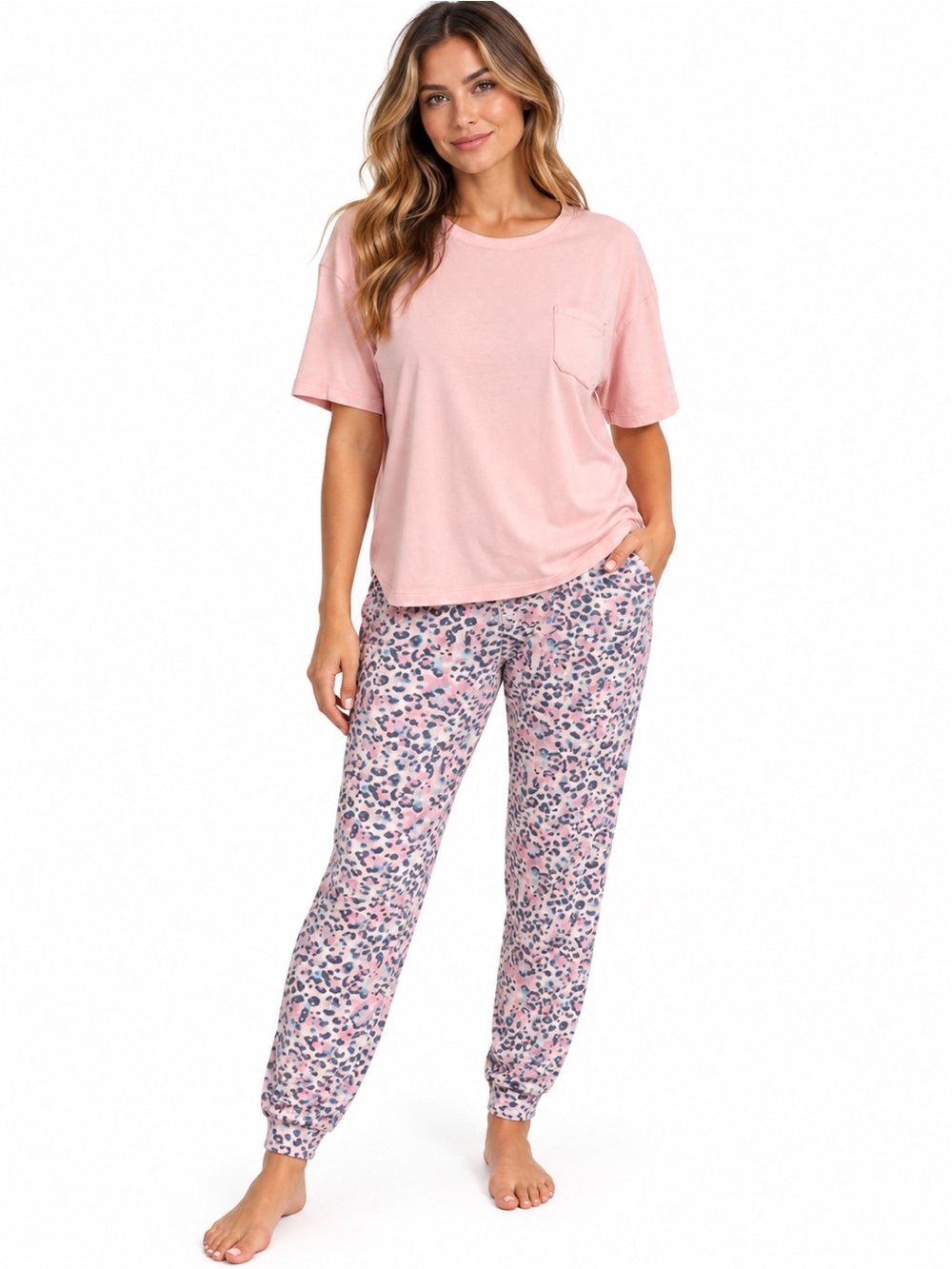 Roudelain Women’s Pink Pocket Tee & Leopard Pajama Set 2 pc size Large
